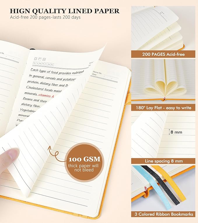 Lined Journal Notebook for Men & Women,200 Pages A5 Hardcover Leather Notebook (5.9"x8.5"), Travel Journal for Work, School, Business Writing, Note Taking, Notepad Diary (Yellow)