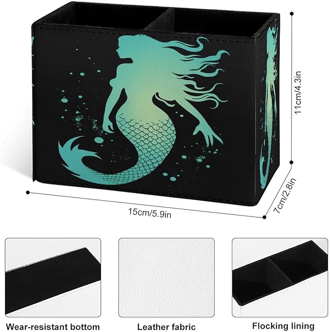 Famame Silhouette Mermaid Pencil Holder for Desk, Leather Desktop Container Pen Cup Storage Study Table Pen Organizer Makeup Brush Holder for Classroom Office Home