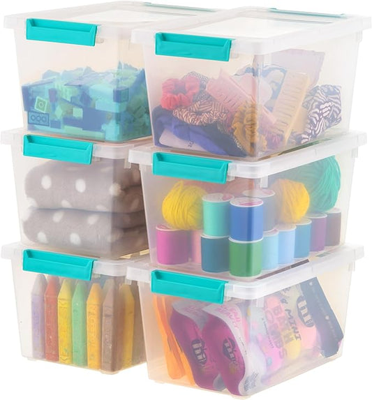 IRIS USA 4 Qt. Craft Storage Bins with Lids, 6-Pack, |Made in USA|, Clip Box, Small Plastic Sensory Bin Tote Organizer Containers for Art Supplies, Paper, & Office, Stackable - Clear/Seafoam Blue