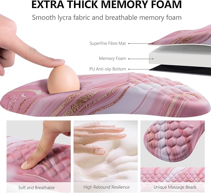Mouse Pad Wrist Support, Laokiiy 2-in-1 Keyboard Wrist Rest + Ergonomic Mouse Pad, Non-Slip Wrist Rest for Computer Keyboard, Makes Typing Easy & Relieves Wrist Pain (Rose Gold Pink Marble)