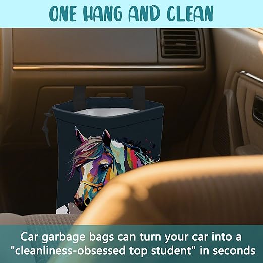 KXWQTRDD Car Garbage Bag Abstract Colorful Horse Drawstring Car Trash Bag Hanging for Back Seat with Adjustable Buckle Canvas Vehicle Trash Can Easy-to-Install