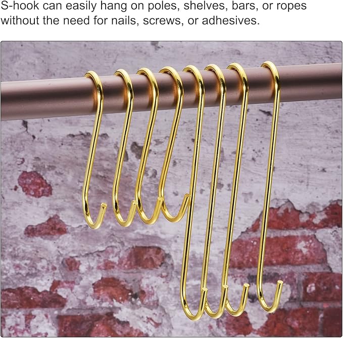 uxcell S Hanging Hooks, 20inch/500mm Extra Long Steel Hanger, Indoor Outdoor Uses for Garden, Bathroom, Closet, Workshop, Kitchen, Gold Tone, 4Pcs