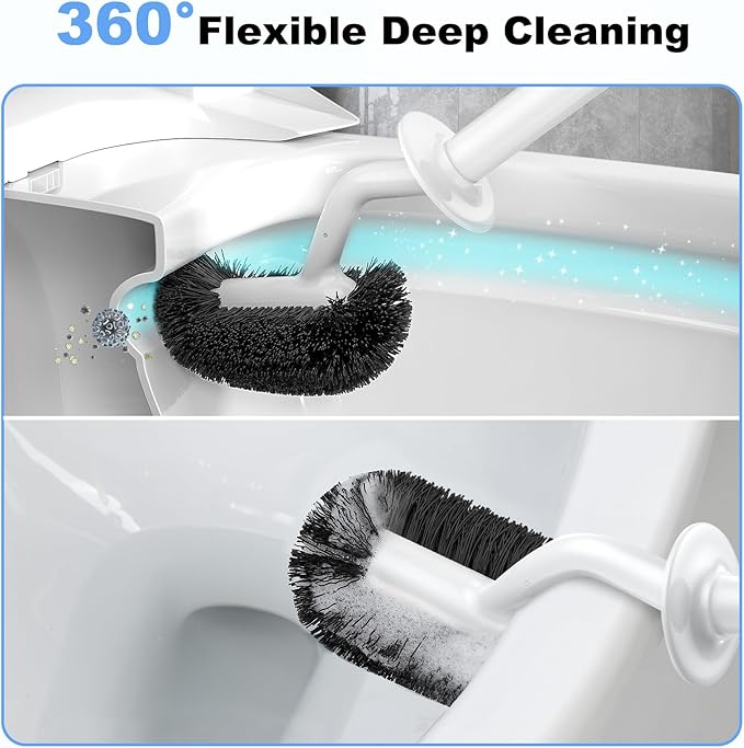 HAMITOR Toilet Bowl Brush Holder Set: Curved Design with Holder for Deep Cleaning Under Rim - Compact Hidden Scrubber for Small Space - Modern RV Bathroom Accessories - White