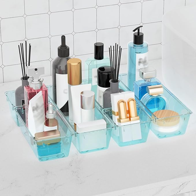 WOWBOX 9 Pack Clear Drawer Organizer Set, Acrylic Drawer Storage Trays, Storage Bins for Makeup, Cosmetics, Jewelry, Utensils, Gadgets, Office, Sea Blue
