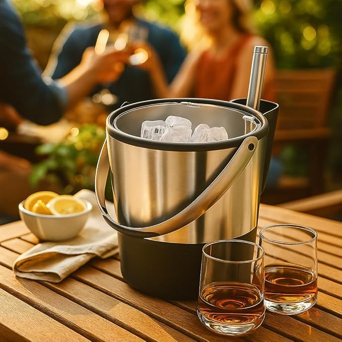 Oggi Insulated Ice Bucket, 4 Quart / 3.8 L, Stainless Steel, Black.