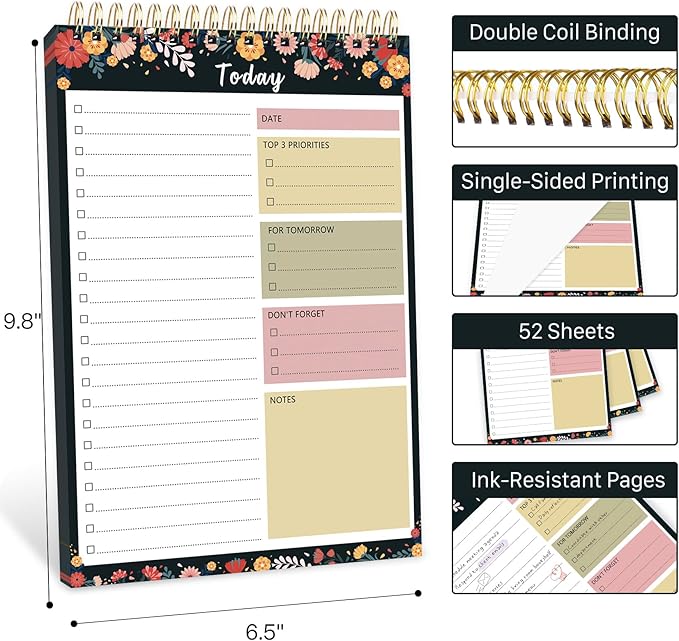 CICPAP To Do List Notepad - To Do List Notebook for Work with 52 Sheets, Undated Daily Planner Perfect for Enhanced Productivity and Goal Achievement - Black Floral
