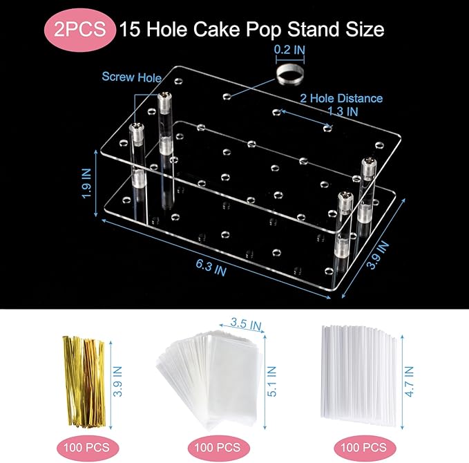 HENABLE 2 Pack Cake Pop Stand with Sticks & Wrappers, 15 Holes Acrylic Cake Pops Holder Disply, Clear Cake Pops Sticks Kit, Lollipop Hold Stand for Drying, Dessert Table, Party Supplies