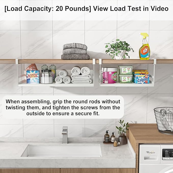SHINEWON Expandable Under Cabinet Shelf Organizer with 0.94-Inch Thick Clips, Heavy Duty Extendable Under Shelf Storage Basket for Pantry or Laundry Room, White, 1 Pack, Interior: 4.13" H x 7.2" D