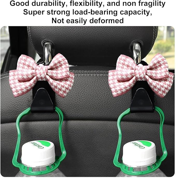 Mandark 2PCS Car Seat Headrest Hooks, Cute Bow Vehicle Hooks for Purses and Bags, Automotive Purse Hook Hanger Interior Decoration Accessories, Universal for SUV, Sedan, Truck (Pink/Small)