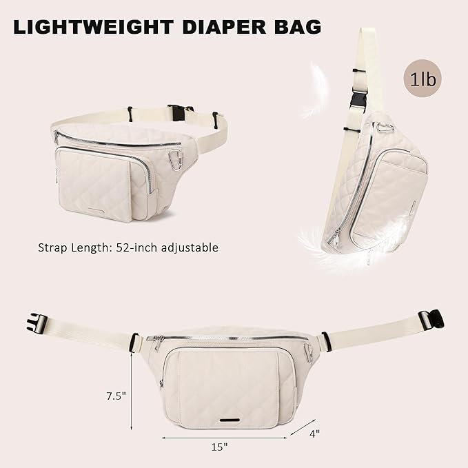 MYHOZEE Small Diaper Bag Fanny Pack - Baby Bag with Waterproof Changing Pad and Wipes Dispenser Quilted Nylon Crossbody Bags for Mom Baby Compact Diaper Purse Cross Body Purses