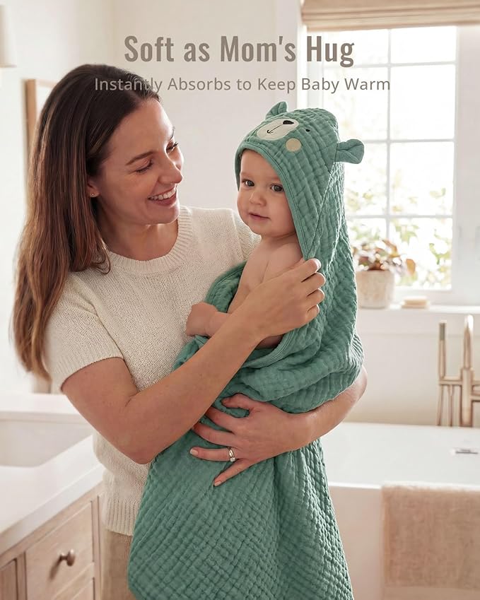 Blissful Diary Muslin Baby Hooded Towel 2 Pack, Soft & Absorbent Bath Towel for Infant, Toddler, Unisex, Baby Gift, Newborn Essentials, Smart Bear & Sunny Duck