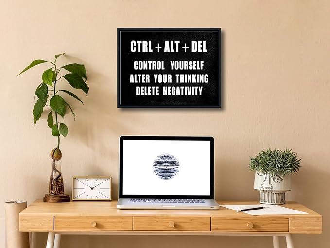 Pyradecor Black Framed Canvas Wall Art Motivational CTRL+ALT+DEL Classroom Positive Quotes Inspirational Poster Canvas Prints for Office Home Decorations