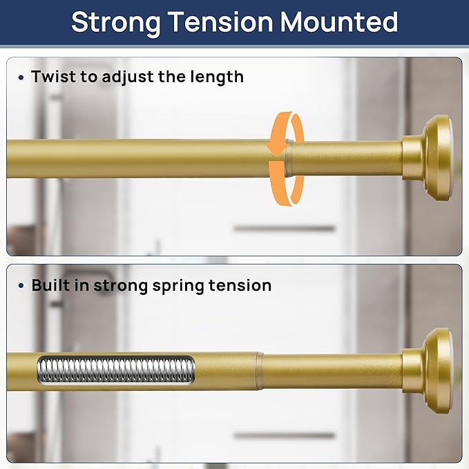 ENJOYBASICS Shower Curtain Rod 30 to 64 Inches, 1 Inch Stainless Steel Adjustable Spring Tension Rods No Drill for Bathroom, Closet, Window, Room Divider, Never Rust, Non Slip, Gold