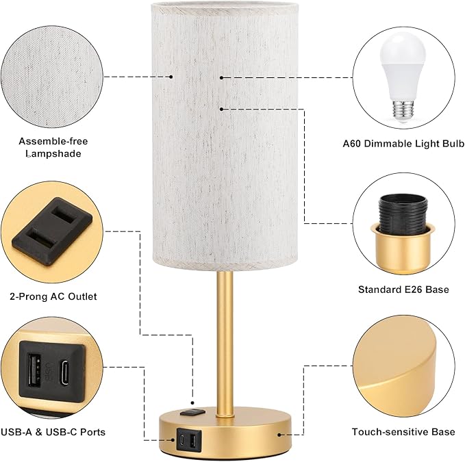 Fenmzee Touch Table Lamp - Cream, 3-Way Dimmable, USB A + C Charging, AC Outlet, 17.4inch Medium, Gold Metal Base