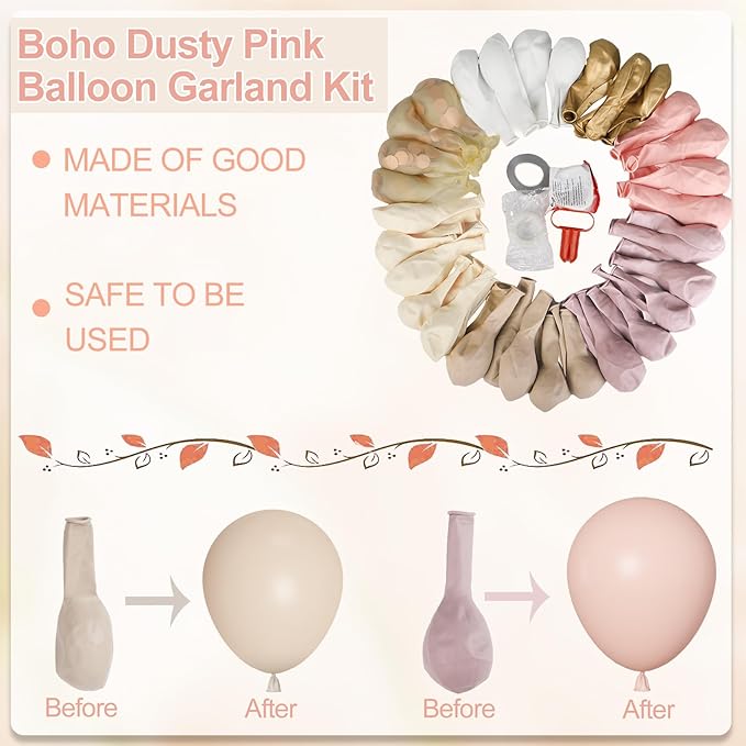 Amandir 173Pcs Boho Dusty Pink Balloon Arch Garland Kit, Neutral Baby Pink Ivory White Sand Nude Rose Gold Confetti Balloons for Girl Baby Shower Gender Reveal Wedding Birthday Party Decorations