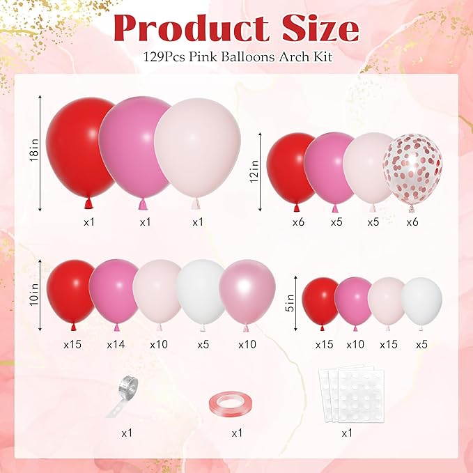 Ouddy Party Red and Pink Balloons Arch Garland Kit, Different Sizes 18 12 10 5 Inch Rose Red Latex Confetti Red and Pink Balloon for Birthday Wedding Engagement Party Decorations