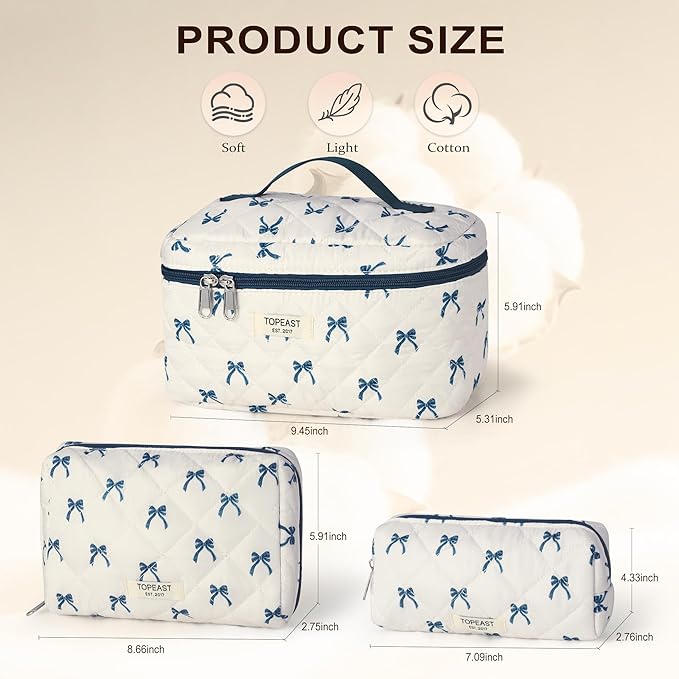 TOPEAST Travel Makeup for Women Girl, 3Pcs Large Cute Quilted Makeup Bag Organizer for Purse, Portable Big Cosmetic Brush Pouch with Zipper Compartment, Blue Bow