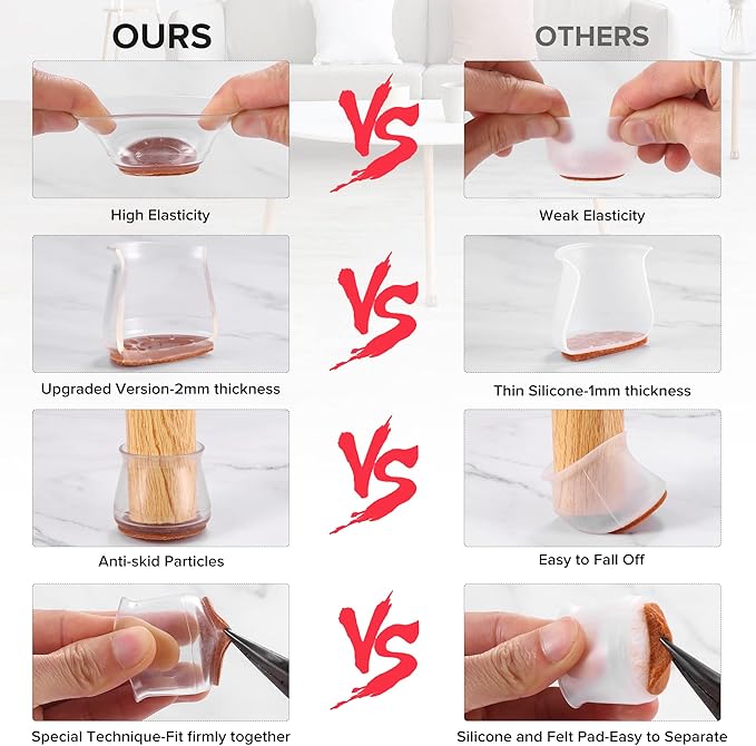 Violibar Upgraded Silicone Chair Leg Floor Protectors for Hardwood Floors, Furniture Sliders, Felt Bottom Furniture Pads, Round&Square Cap Covers to Prevent Scratches and Reduce Noise, Transparent, 24pcs