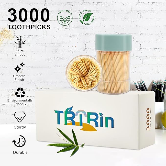 Bamboo Wooden Toothpicks [3000 Count]-With 2-Pack Reusable Toothpick Holder, Sturdy Smooth Finish Tooth Picks, For Appetizer, Olive, Barbecue, Fruit, Teeth Cleaning Toothpicks, Green.
