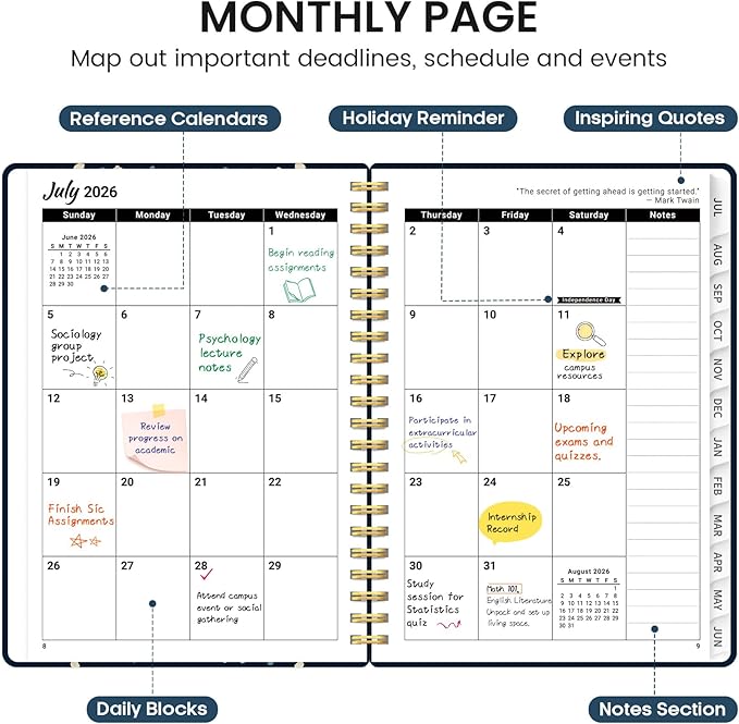 Planner 2026-2027, Academic Monthly and Weekly Calendar Planner for Women, July 2026 - June 2027, Hardcover Pretty Agenda Planner Book with Tabs, Spiral Daily Organizer for School Office Home Supplies, 6.3" x 8.5" - Blue Patchwork