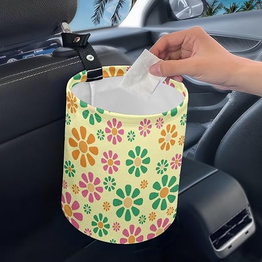 Panskyllis Colorful Hippie Flower Car Trash Bin Garbage Can Foldable Rubbish Bin Basket Bag Portable Cup Holder Organizer with Strap Universal Storage Bag Box for Fit Most Cars, SUVs, Trucks