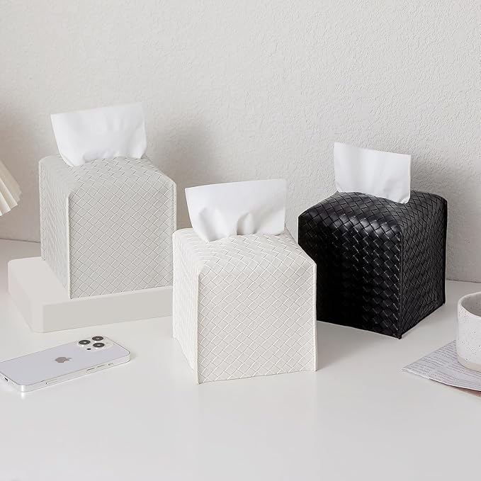 Tissue Box Cover PU Leather Tissue Holder Square Facial Tissue Case Facial Paper Organizer Dispenser for Bathroom, Vanity Countertop, Tabletop, Car, Black
