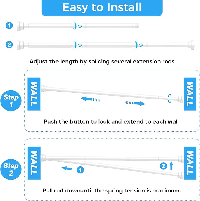 Shower Curtain Rod 31-63 Inch,0.87"Diameter Adjustable Spring Tension Curtain Rods No Drill,Ivory White Shower Tension Rod for Bathroom,Room Divider,Window,Anti-Rust Non-Slip 2-Pack
