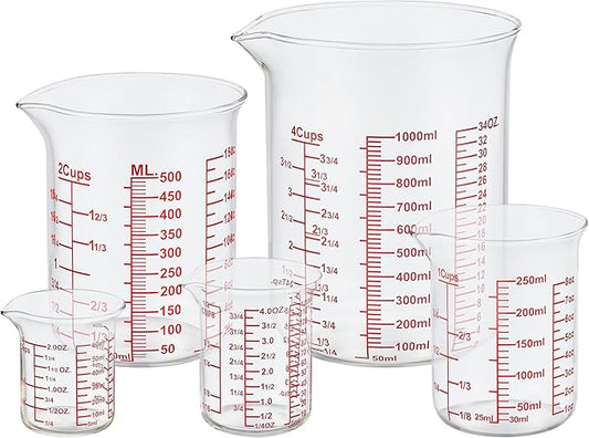 Ackers High Borosilicate Glass Measuring Cup Set with Pour Spout,60ml(2OZ),120ml(4OZ), 250ml(8OZ), 500ml(16OZ), 1000ml(32OZ) Glass Measuring Beaker for Kitchen or Restaurant, Easy to Read