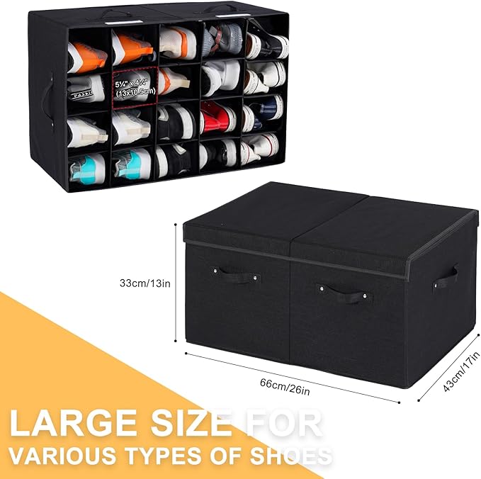 Large Shoe Organizer for Closet Fits 20 Pairs, Shoe Storage Box Bins Containers with Lid and Adjustable Dividers for Shoes, Sneakers and High Heeled, Hard Shell and Stackable (Black)