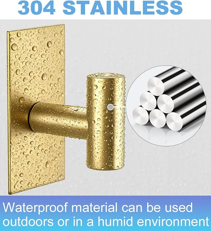 4 Pcs Towel Hooks Heavy Duty for Hanging, Adhesive Wall Hooks with Removable Strips, Sticky No Damage, Outdoor for Bathrooms, Shower, Stockings, Decor, Robe, Large, Gold 304 Stainless Steel