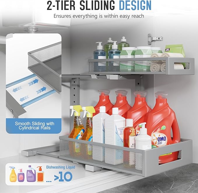 Biboraya 2-Pack Under Sink Storage Organizer, Large 2-Tier Elegant Mesh Pull Out Shelf for Kitchen and Bathroom Cabinet Organization, L-Shaped and Adjustable Height Design-Gun Gray