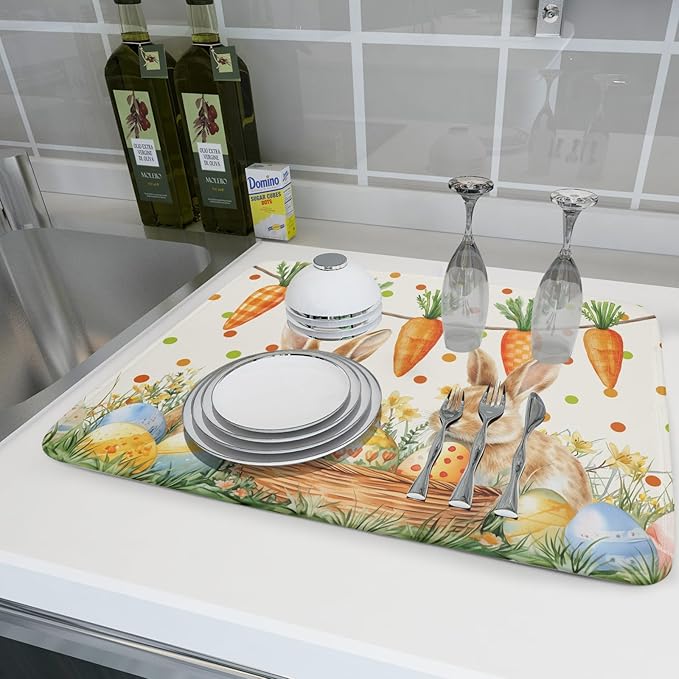 Giwawa Easter Bunny Dish Drying Mat Eggs Carrot Dishes Drainer Pad Absorbent Reversible Dish Rack Mat Protector for Kitchen Countertop 18x24 Inch