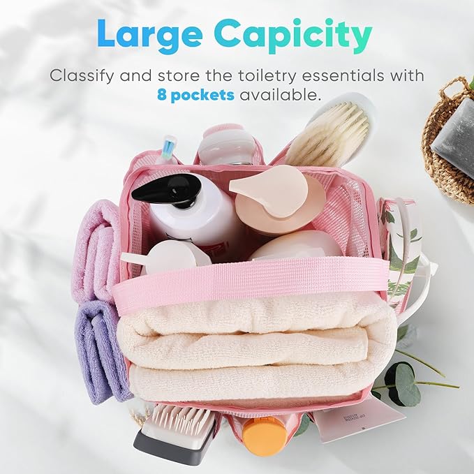EUDELE 2 Pack Mesh Shower Caddy Portable for College Dorm Room Essentials, Shower Caddy Dorm with 8-Pocket Large Capacity,Shower Bag for Beach,Swimming,Gym All Black+All Pink