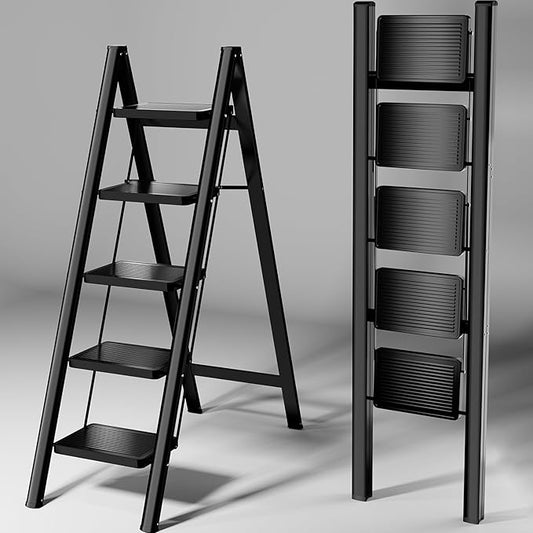 Step Ladder 5 Step Folding, Sturdy 330 Lbs Small Step Stool for Adults, Closet Step Stool Ladder with Anti-Slip Wide Pedals, Portable Folding Ladder for Home Kitchen Office