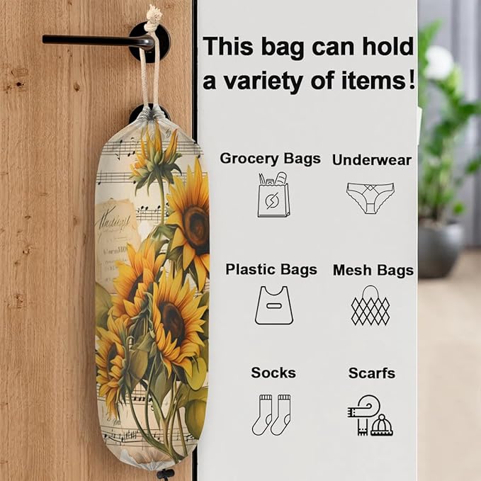 Sabokido Floral Sunflower Plastic Bag Holder Washable Musical Notes Grocery Bag Storage Dispenser Reusable Hanging Shopping Bags Carrier Wall Mount Plastic Bag Organizer for Home Kitchen Decor
