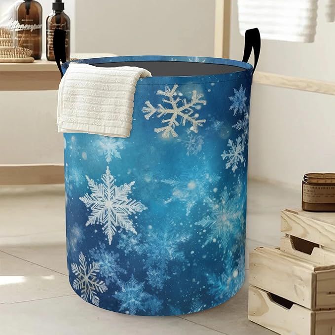 Laundry Basket-Christmas Blue Snowflakes Foldable Waterproof Oxford Cloth Funny Tote Bag Laundry Hamper Clothes Storage Bucket Organizer For Bathroom/Laundry Storage/Bedroom Storage Basket