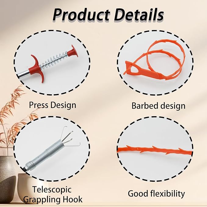 3 Pcs Orange Drain Clog Remover and 1 Pcs 25inch Four Claws Hair Catcher Drain Snake Cleaner Tool, Effective Hair Clog Remover for Toilet/Kitchen Sink/Bathroom Tub