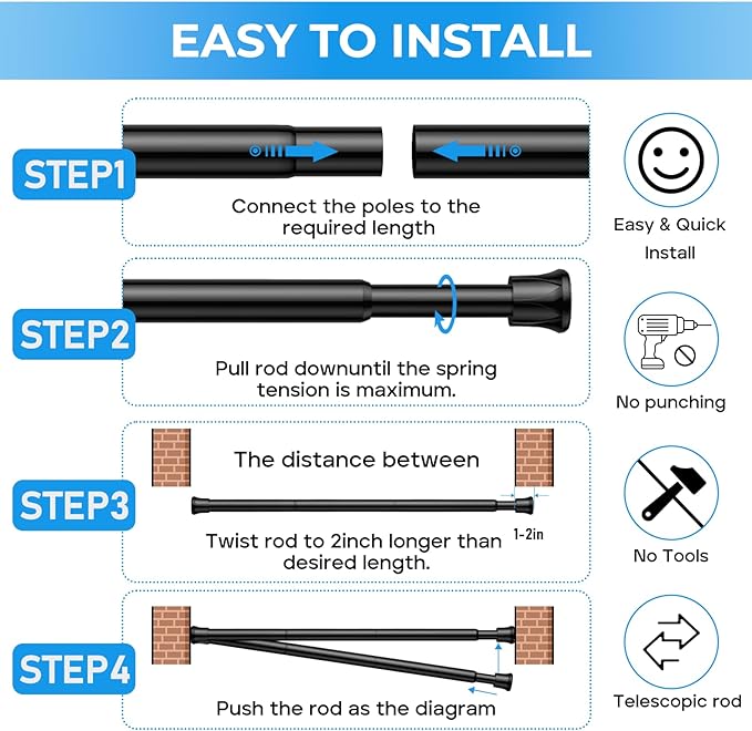 Tension Rod 28 to 48 inch, Adjustable Curtain Rods No Drilling Spring Rods Extendable Pressure DIY Tension Rod for Window Closet Kitchen, Black
