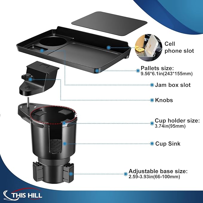 This Hill 2 Pack Cup Holder Tray for Car, 2 in 1 Detachable Car Food Table Tray with 3.93" Base & Phone Slot,Car Cup Holder Expander with 360°Rotation Tray for Travel Road Essentials Accessories