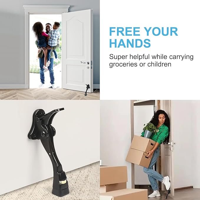4 Packs Black Door Stops, Heavy Duty Kickdown Door Stopper, One Touch Adjustable Kickdown Door Stop for Heavy Doors, 4 in Metal Door Kickstand with Rubber Tip & Wall Protectors for Wide Doors- Black