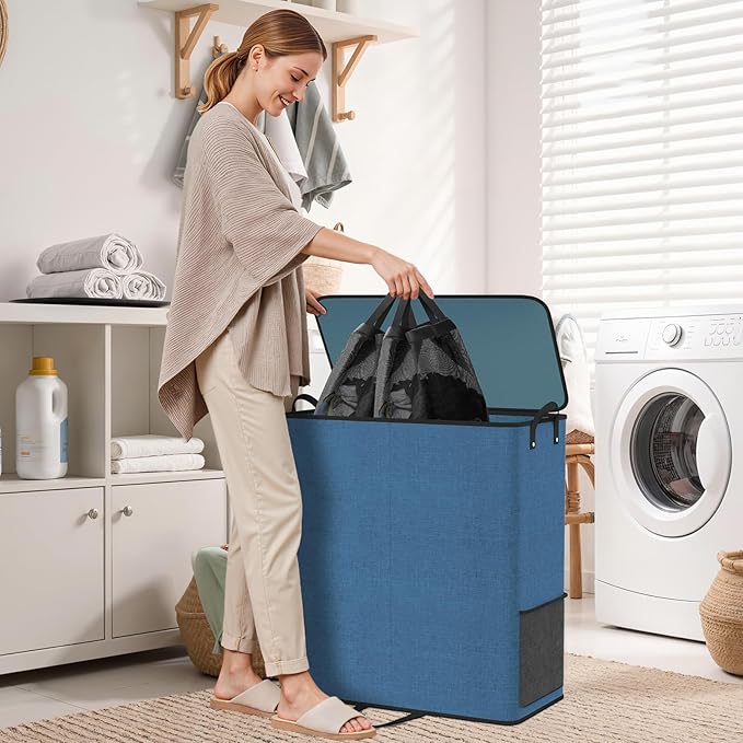 Large Double Laundry Hamper with Lid, Removable Bags & Reinforced Handles, 2 Section Tall Laundry Basket, Dirty Clothes Hampers for Laundry Room, Bedroom, Bathroom, Dorm, 155L, Blue
