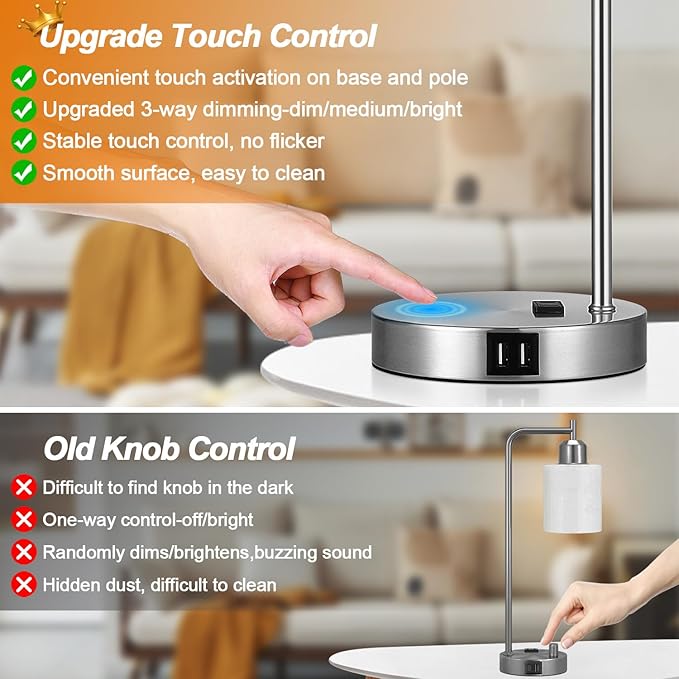 Set of 2 Industrial Touch Control Table Lamps with 2 USB Ports and AC Outlet - 3-Way Dimmable Nickel Bedside Lamp Nightstand Desk Lamps for Bedroom Living Room, Opal Glass Shade & 2 LED Bulbs Included