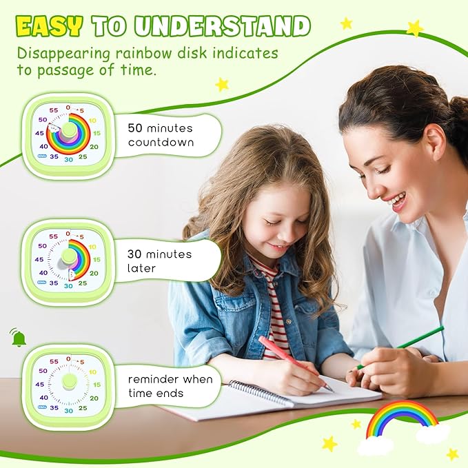 HIPPIH Visual Timer for Kids - 60 Minute Pomodoro Timers for Classroom Kitchen Office, Countdown Kids Timer Clock with Rainbow Disk, Desk Time Management Tool for Toddler with Silent Operation, Green