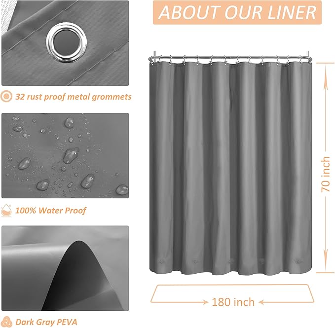 Mrs Awesome Grey Clawfoot Tub Shower Curtain or Liner with 12 Magnets - Free 36 Hooks Included, Waterproof PEVA, 180" x 70", Dark Gray