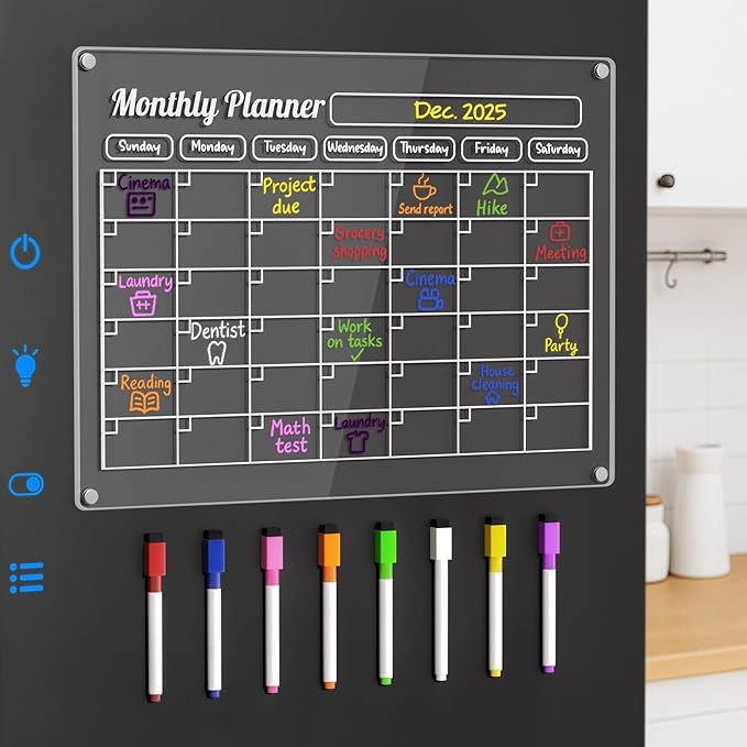 Grtard Acrylic Fridge Calendar Dry Erase Board for Fridge, Acrylic Calendar for Fridge Calendar Magnet, 16''x12'' Monthly Calendar for Fridge, Magnetic Whiteboard for Refrigerator with 8 Markers