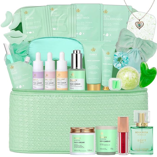 Tea Tree Women Collagen Face Sheet Mask Skin Care Gift, 33 Pcs Self-Care Relaxation Set, Under Eye Patch, Necklace, Lip Gloss, Bath and Body Kit, Face Serum, Christmas, Mother Day, Birthday Present