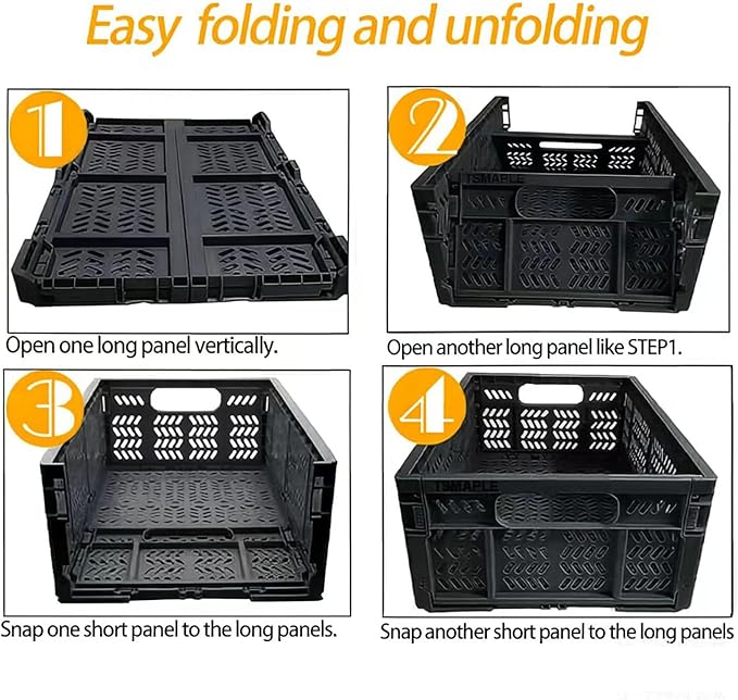 TSMAPLE 4-Pack 20L Foldable Storage Crates, Heavy Duty Plastic Milk Crates for Storage, Multi-Purpose Organizer Box, Collapsible Basket with Handle Suitable for Home Office School Store, Black