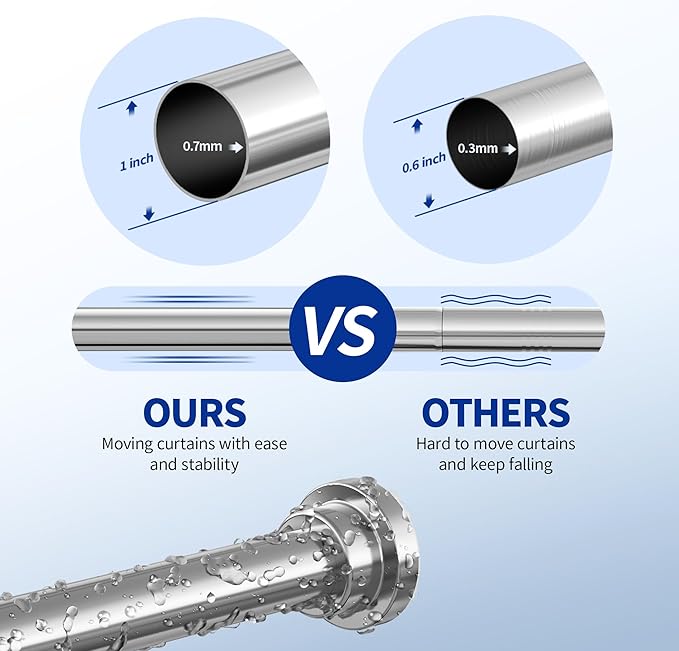 Mcrbeay Shower Curtain Rod, 1" Diameter Heavy Duty Tension Shower Rod, Non Slip Adjustable 28-46 inch No Drilling Shower Curtain Rods Spring Tension For Bathroom, Shower Stall, No Rust, Silver