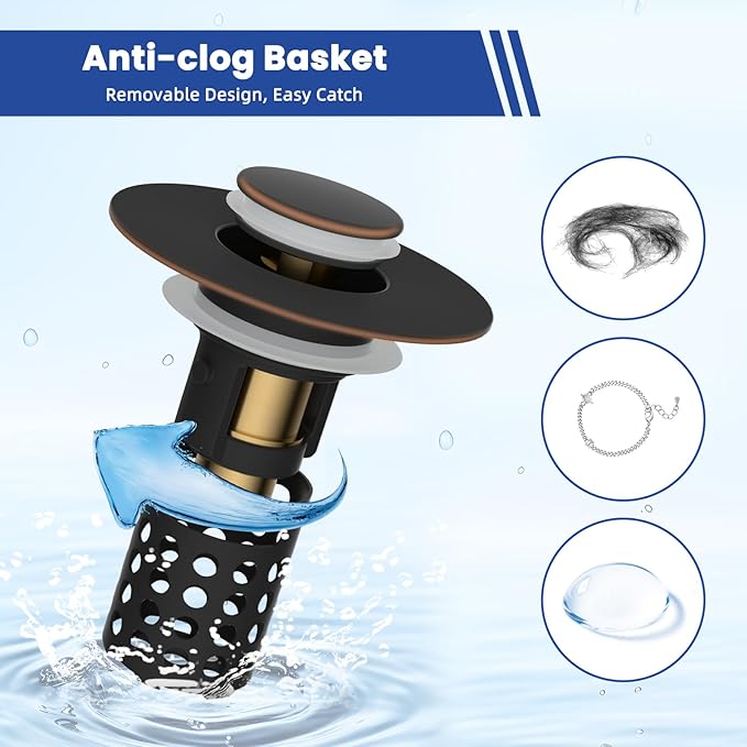 Universal Bathroom Sink Drain Strainer Hair Catcher 2PCS Upgraded with Removable Stainless Steel Filter Basket, 3 in 1 Pop Up Sink Stopper for 1.1''~2.36'' Sink Basin Hole, Oil Rubbed Bronze