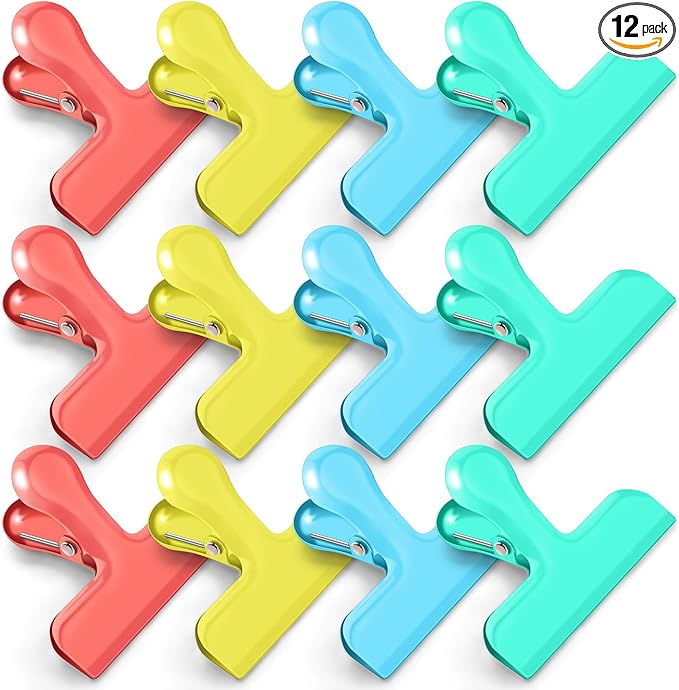 Chip Bag Clips, 12 Pack Heavy Duty Chip Clips Food Clip, Air Tight Seal Bag Clipfor Kitchen and Office to Seal Coffee Bags, Paper Sheets(Multi-Color)